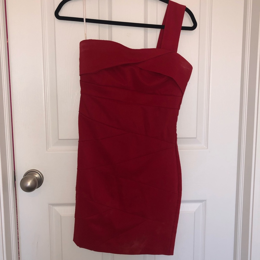 Red one shoulder mini dress